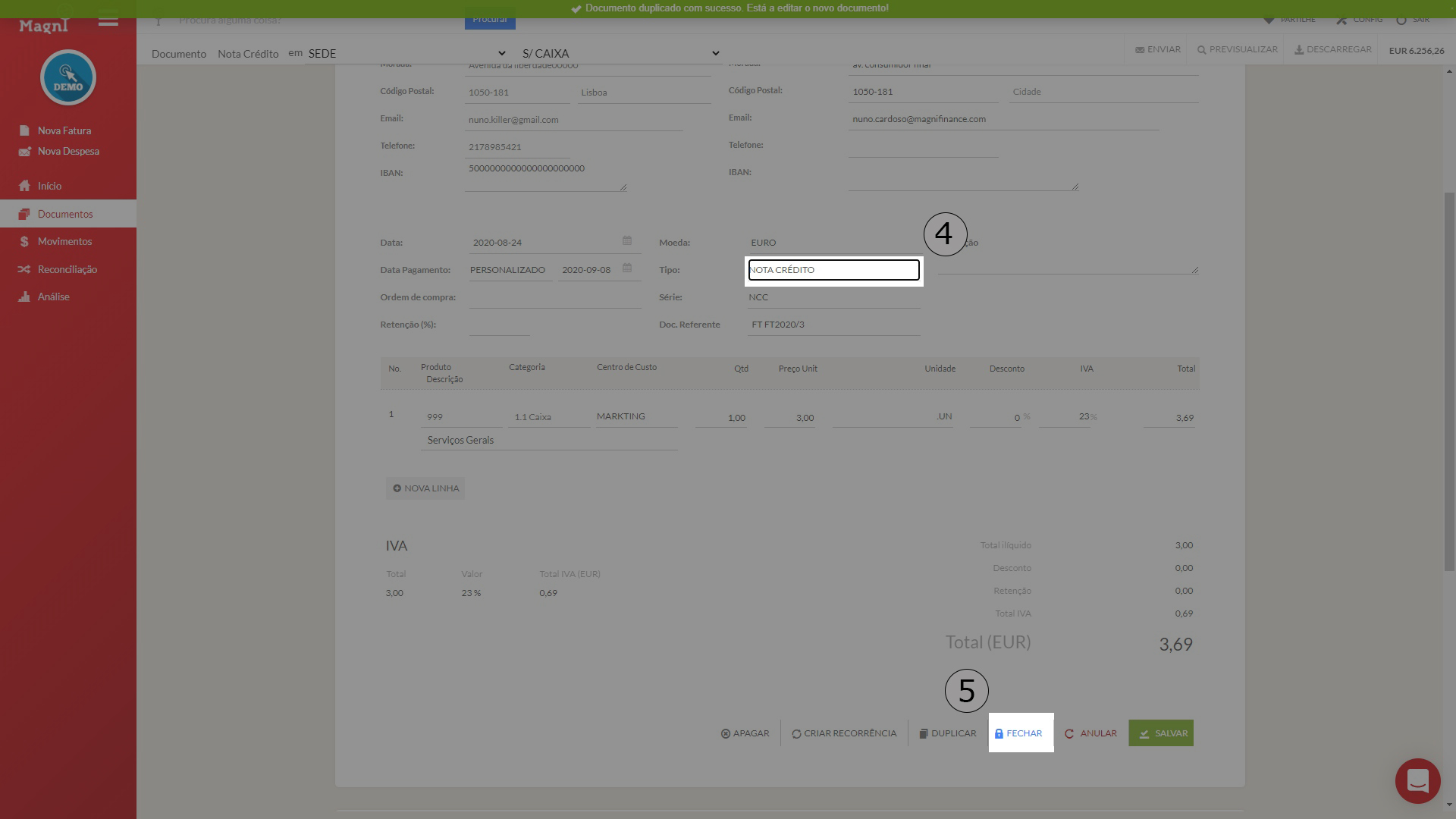 Mudar de fatura para nota de credito